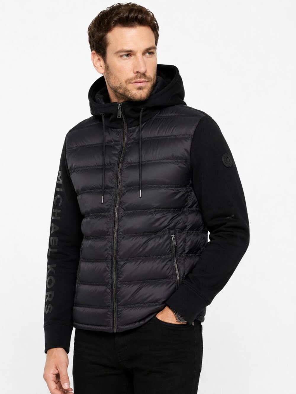 Michael Kors Men’s Black Quilted Puffer Hybrid Hooded Jacket Size M NWT